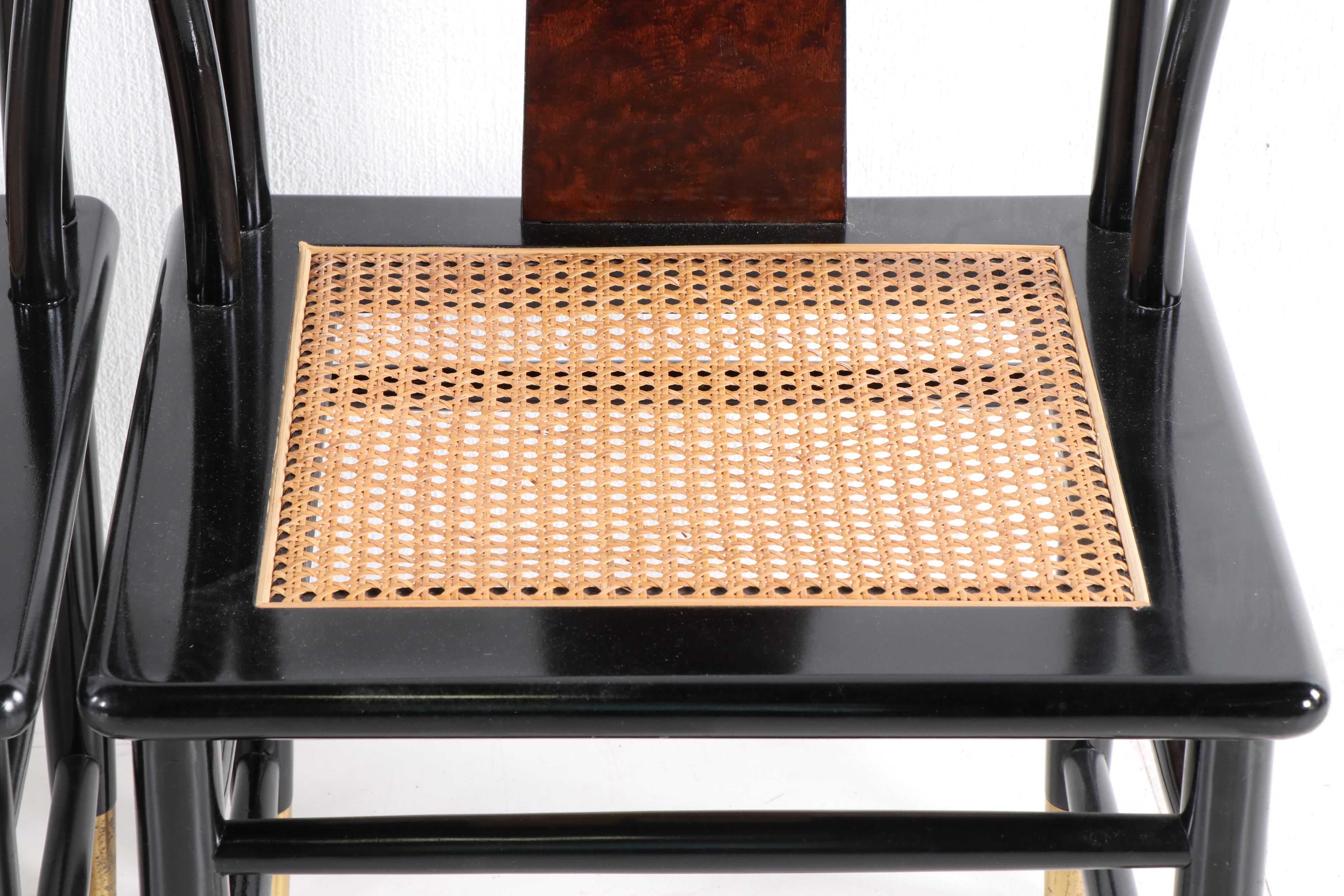 Henredon Chinese Style Black Lacquer Roundback Cane Seat Dining Chairs