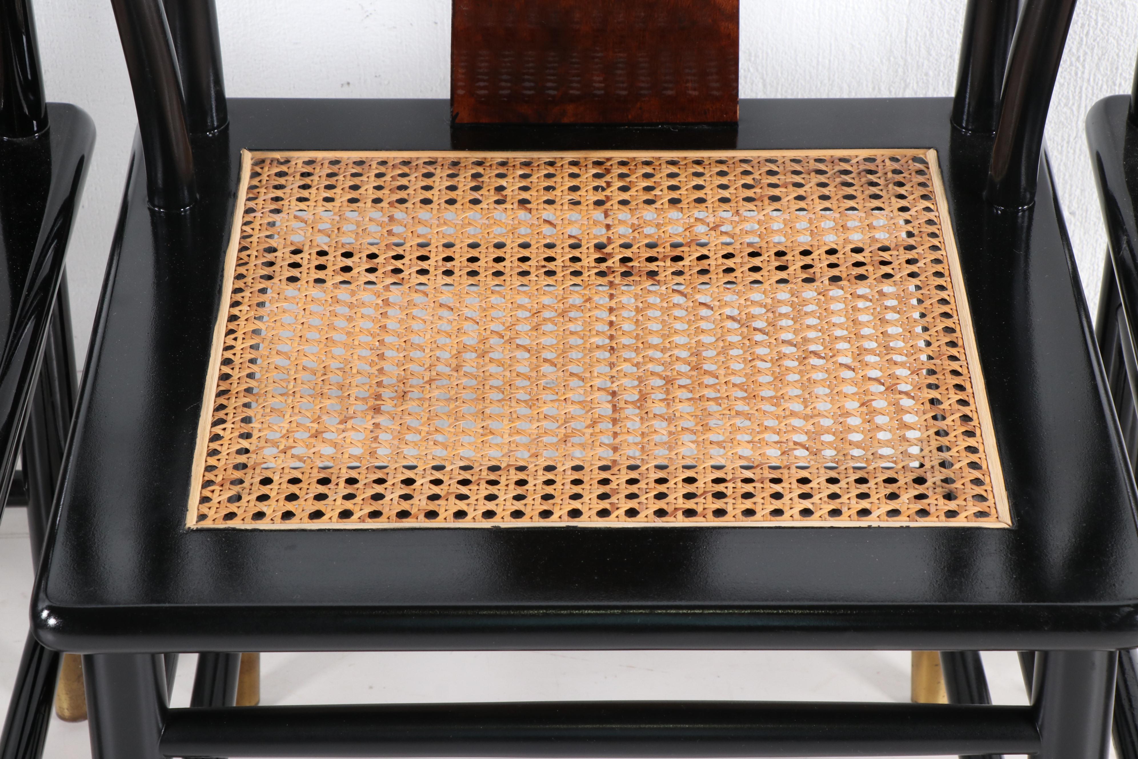 Henredon Chinese Style Black Lacquer Roundback Cane Seat Dining Chairs