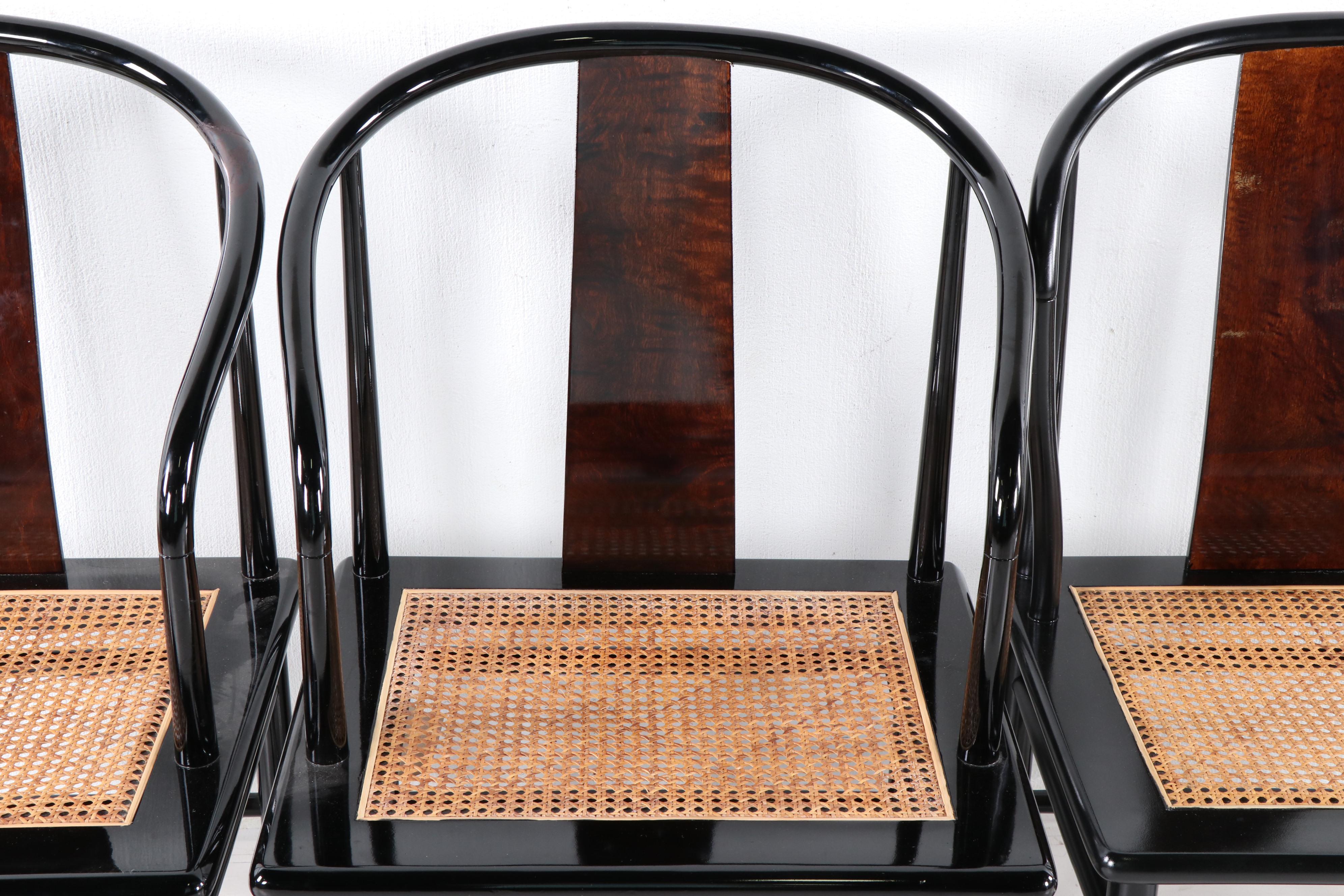 Henredon Chinese Style Black Lacquer Roundback Cane Seat Dining Chairs