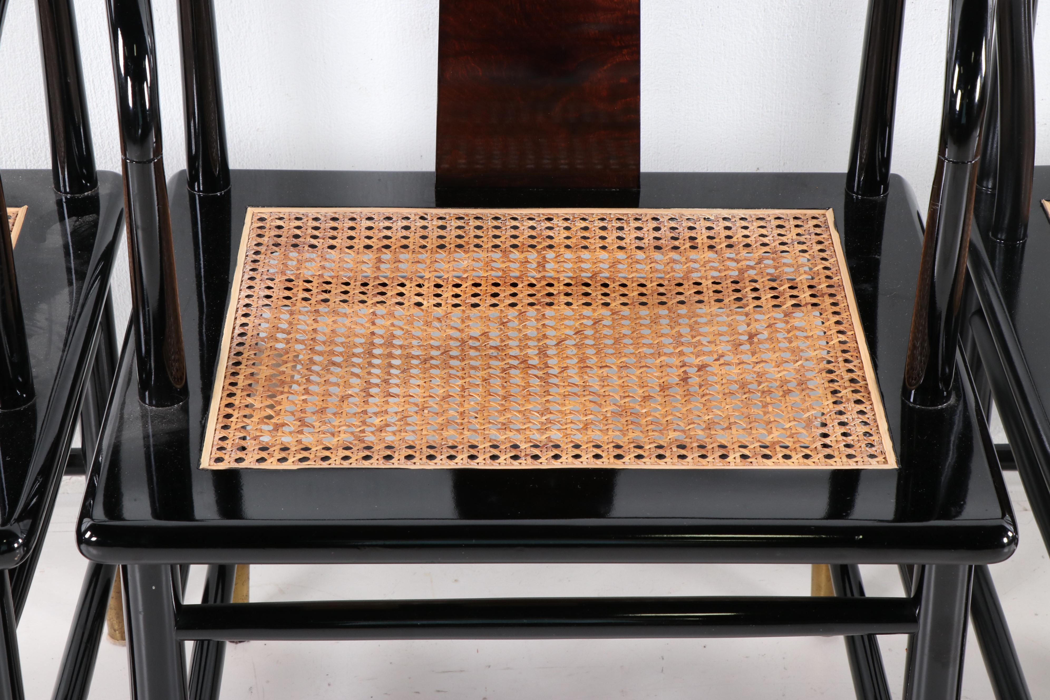 Henredon Chinese Style Black Lacquer Roundback Cane Seat Dining Chairs