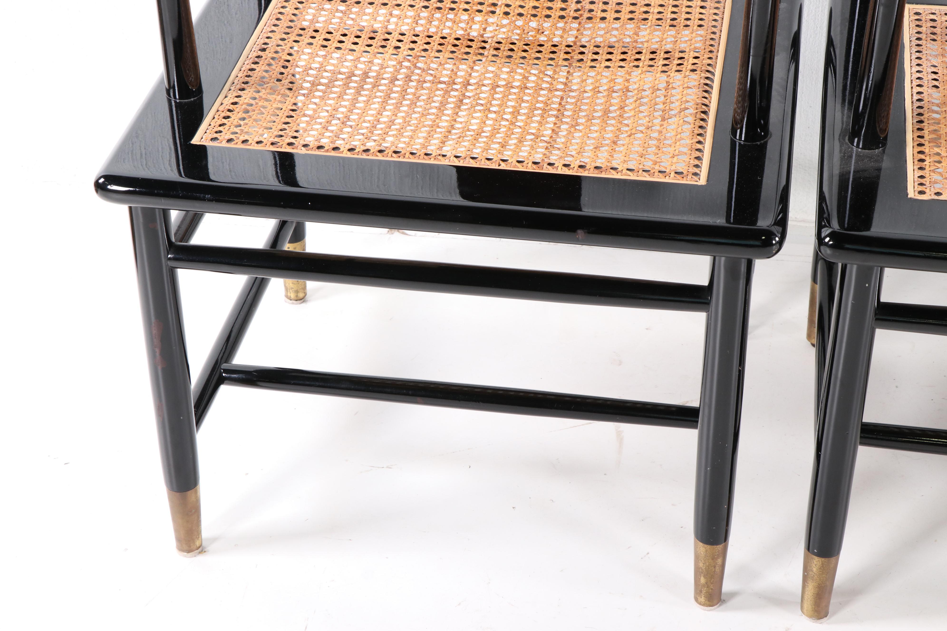 Henredon Chinese Style Black Lacquer Roundback Cane Seat Dining Chairs