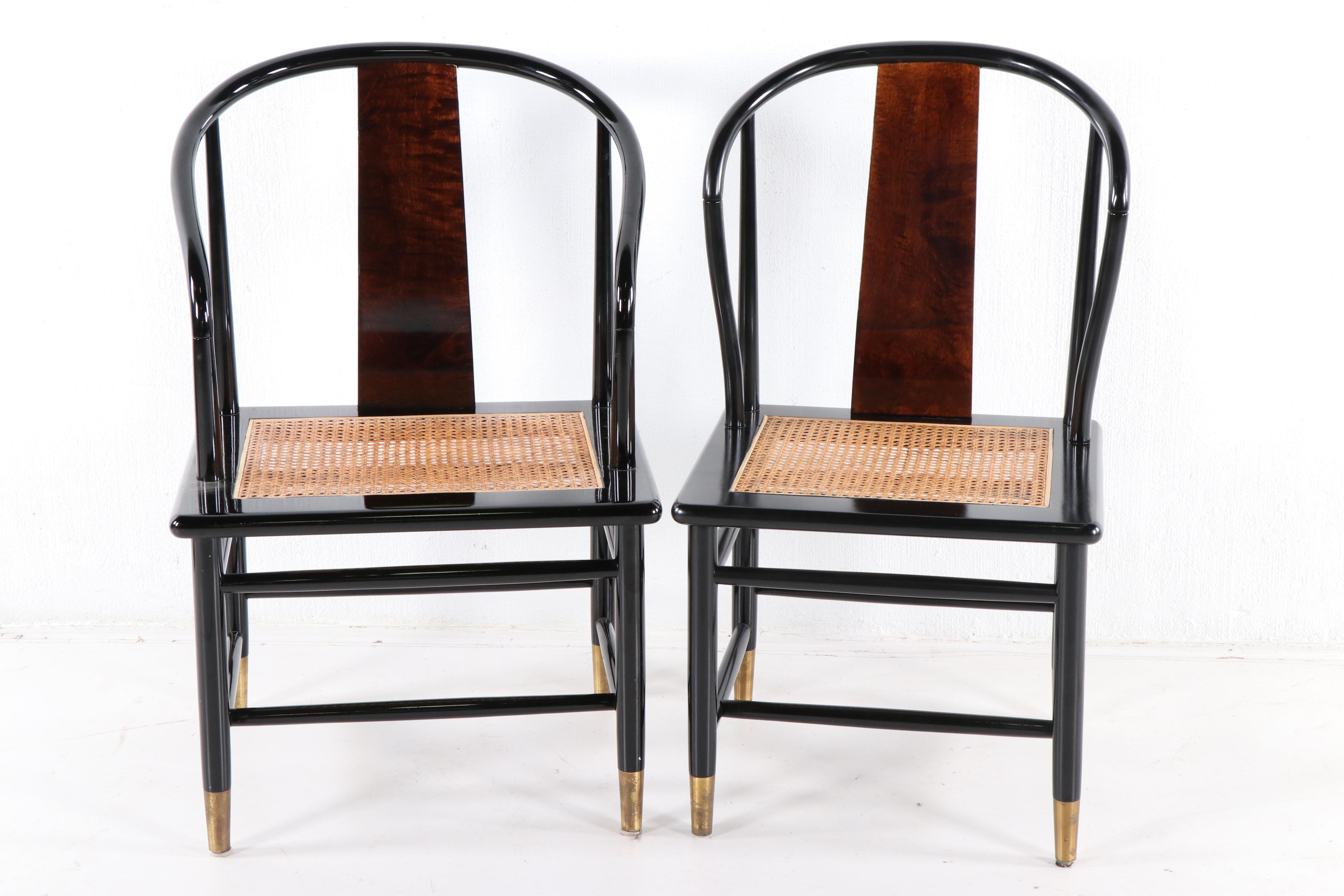 Henredon Chinese Style Black Lacquer Roundback Cane Seat Dining Chairs