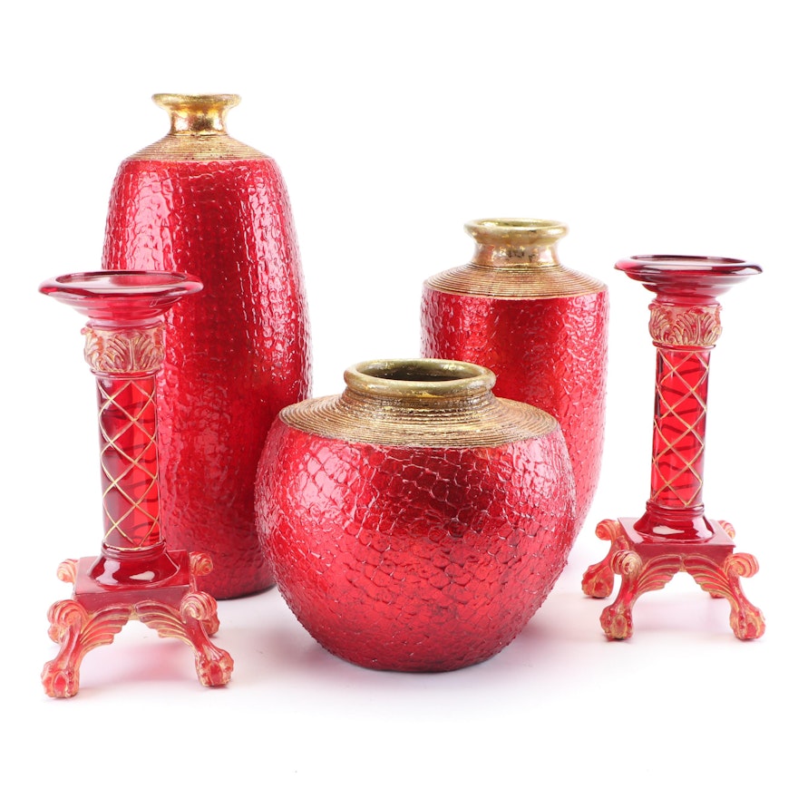 Resin Vases and Candlesticks in Red and Gold