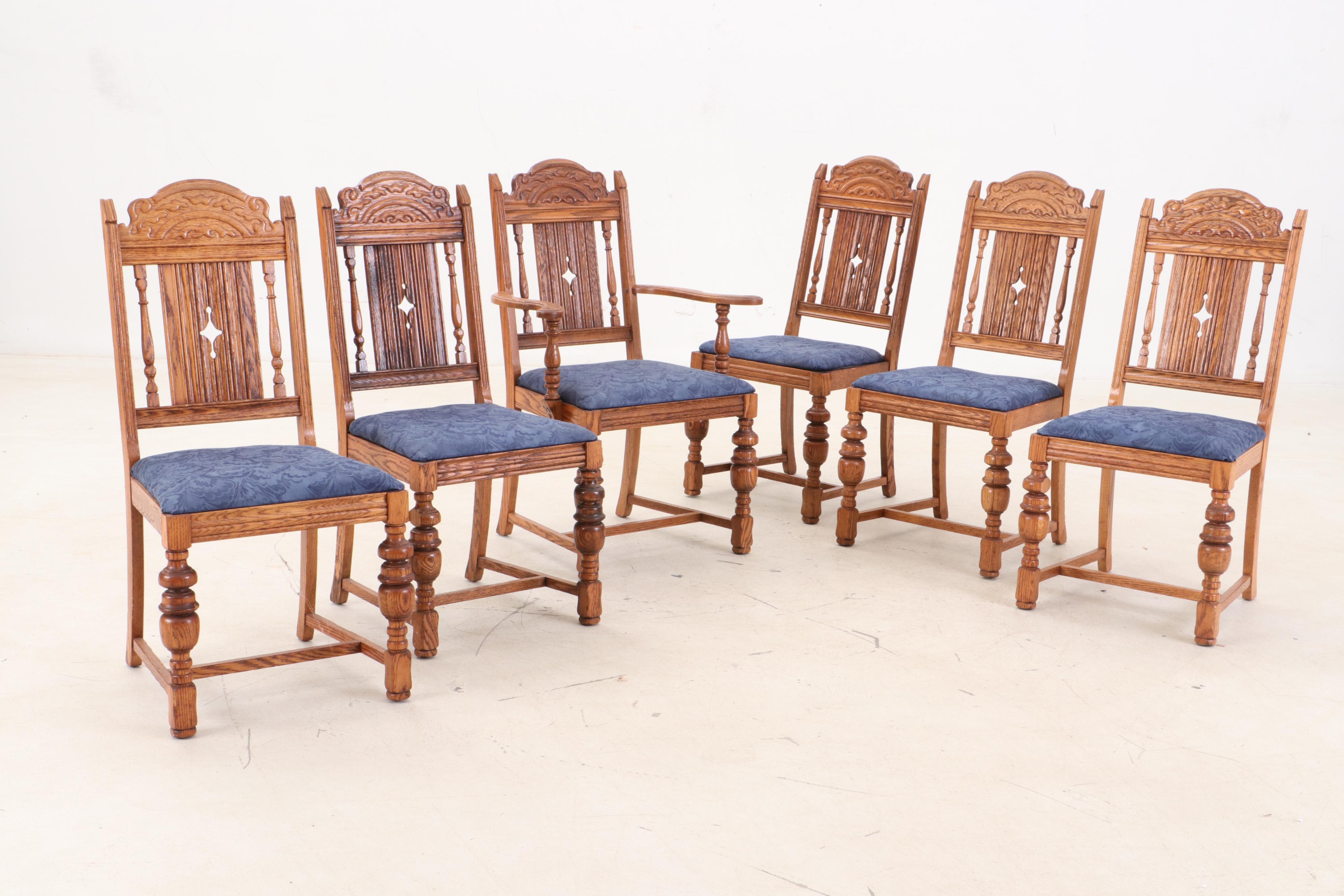 Jacobean Style Oak Dining Table and Six Chairs, Circa 1920s