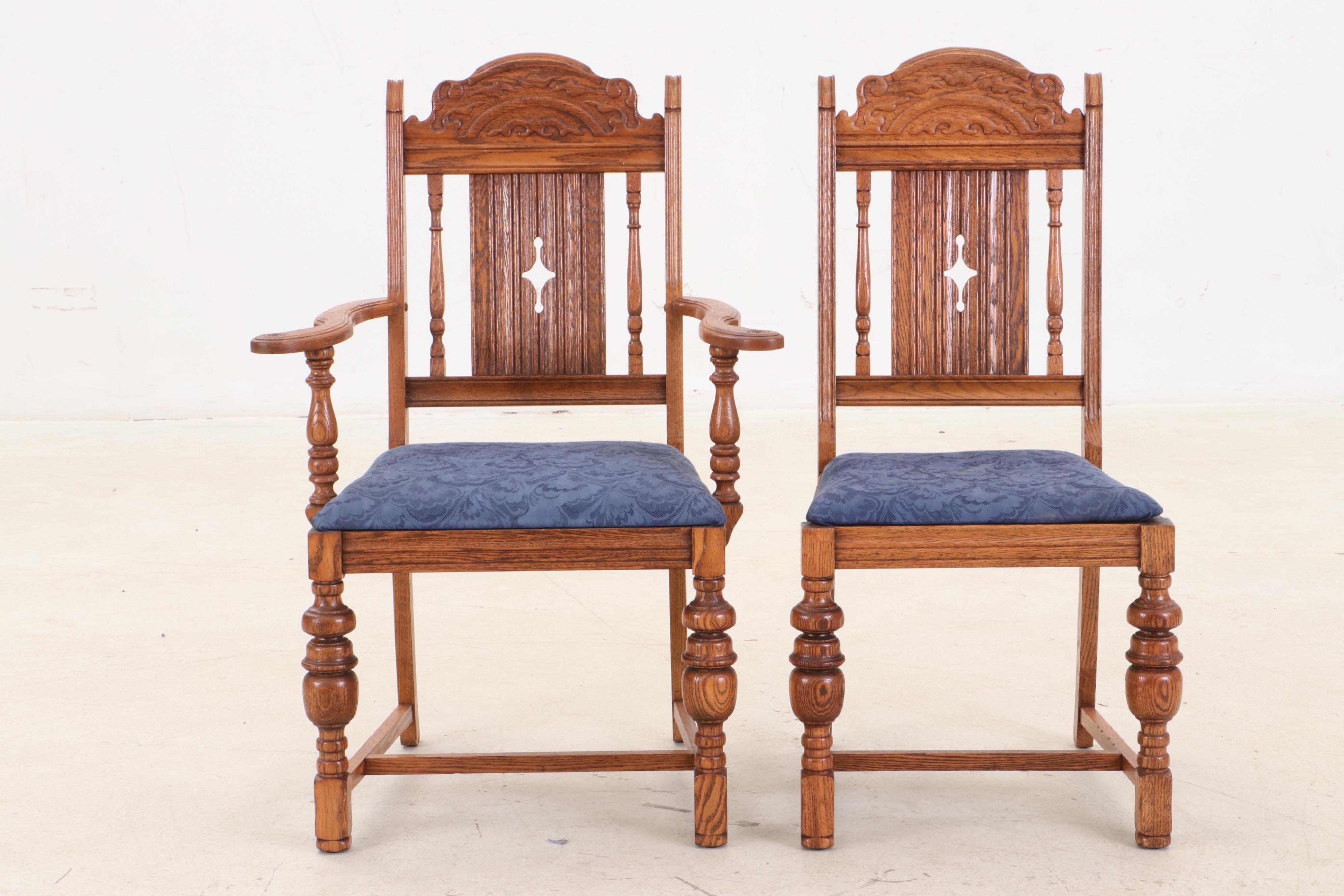 Jacobean Style Oak Dining Table and Six Chairs, Circa 1920s