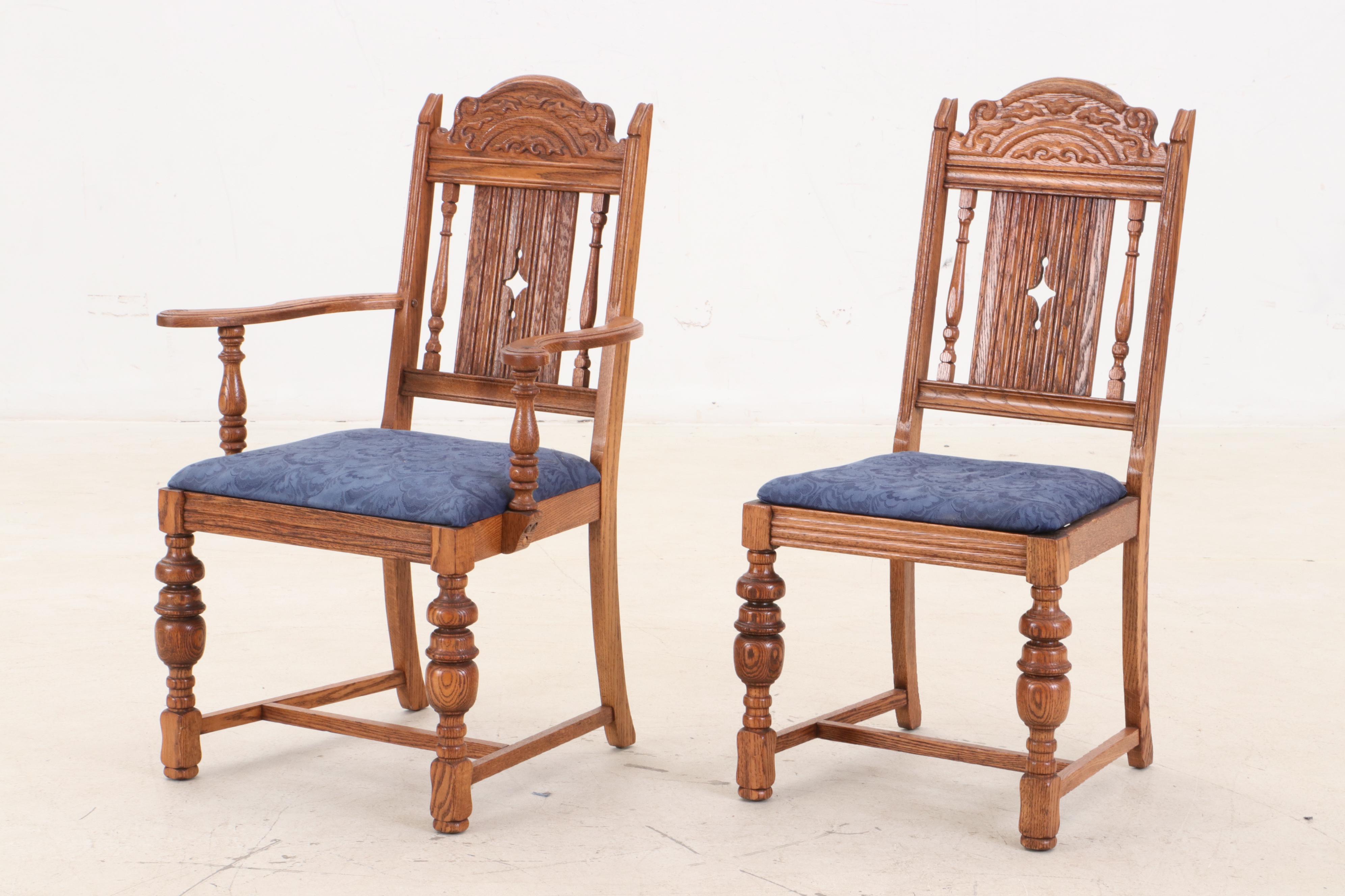 Jacobean Style Oak Dining Table and Six Chairs, Circa 1920s