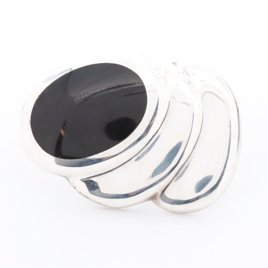 Mexican Sterling Silver Obsidian Glass Brooch