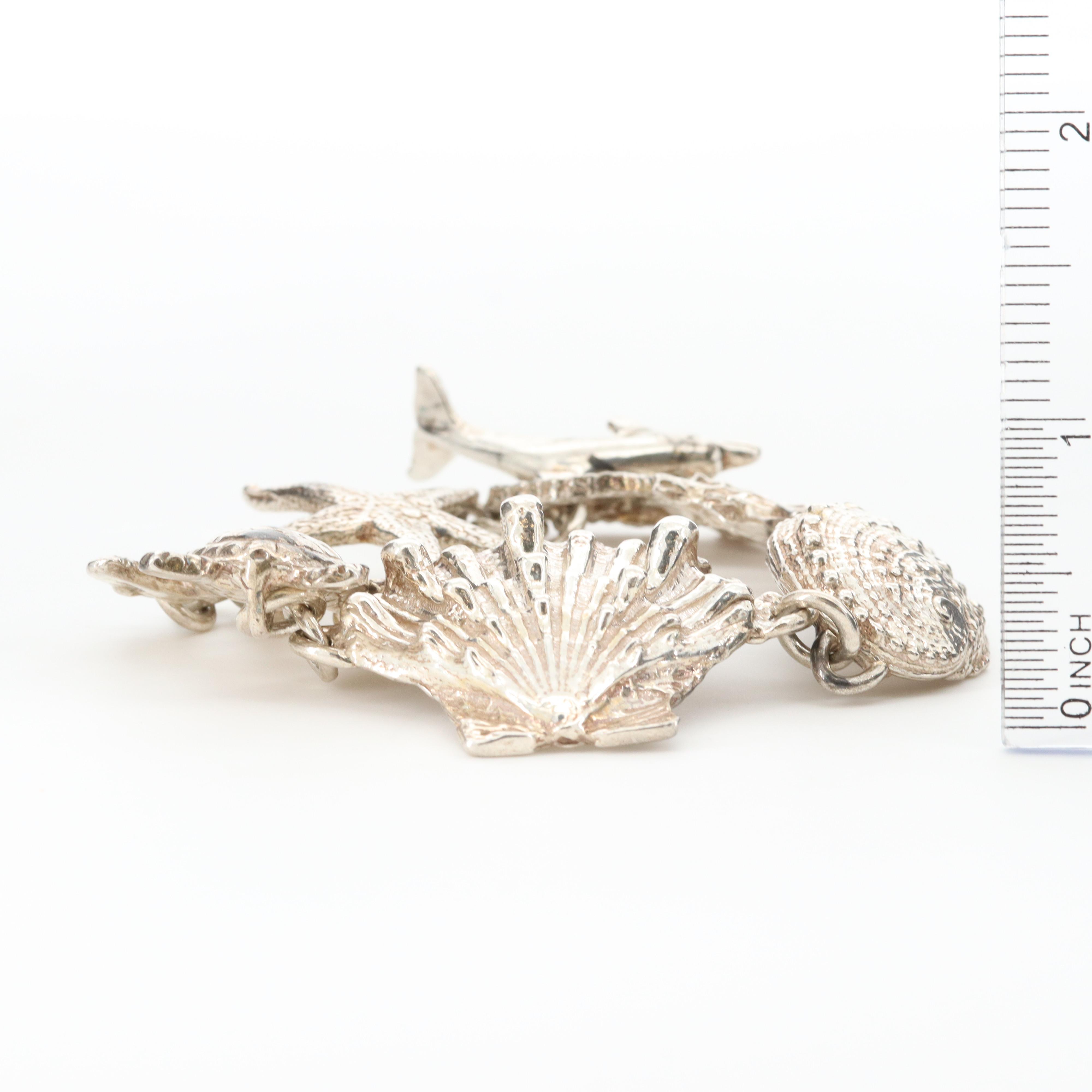 Signed Sterling Ocean Themed Bracelet Including Dolphin, Turtle and Starfish