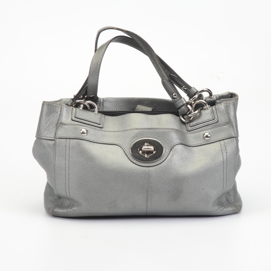 Coach Penelope Silver Metallic Pebbled Leather Turnlock Carryall Satchel