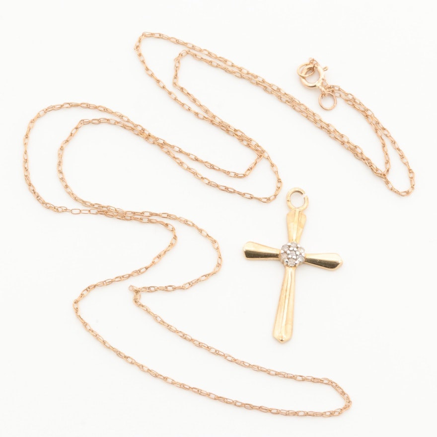 10K Yellow Gold Diamond Cross Pendant Necklace