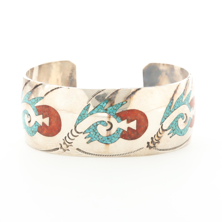 Southwestern Sterling Silver Chipped Turquoise and Chipped Coral Cuff Bracelet