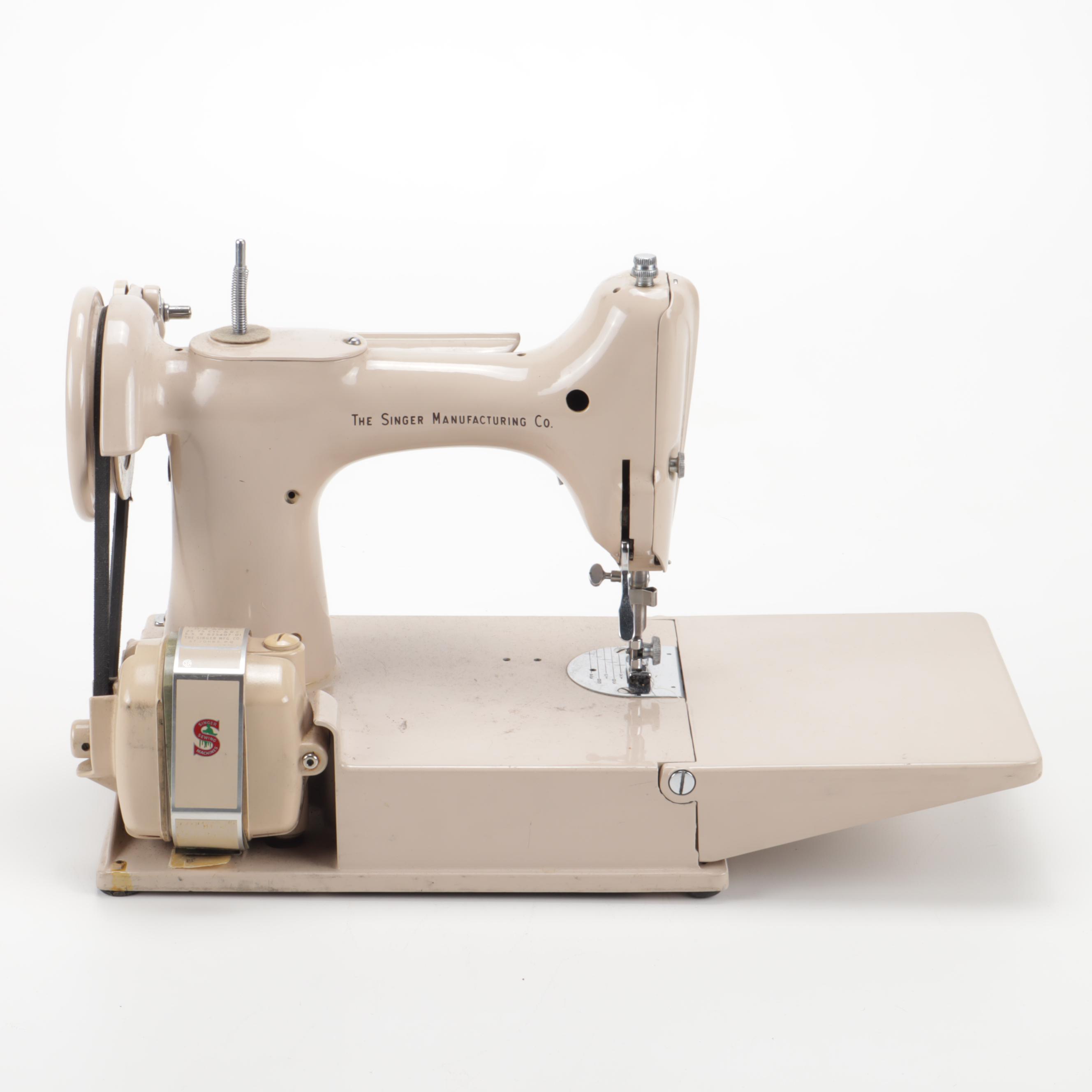 Tan Singer "Featherweight" Sewing Machine, Case & Accessories, Circa 1961