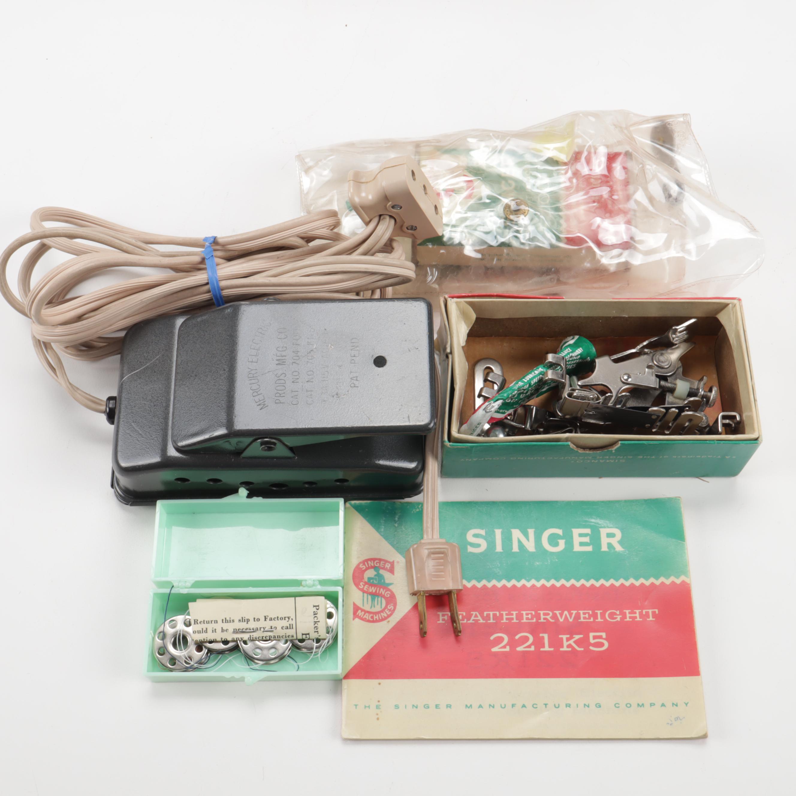 Tan Singer "Featherweight" Sewing Machine, Case & Accessories, Circa 1961