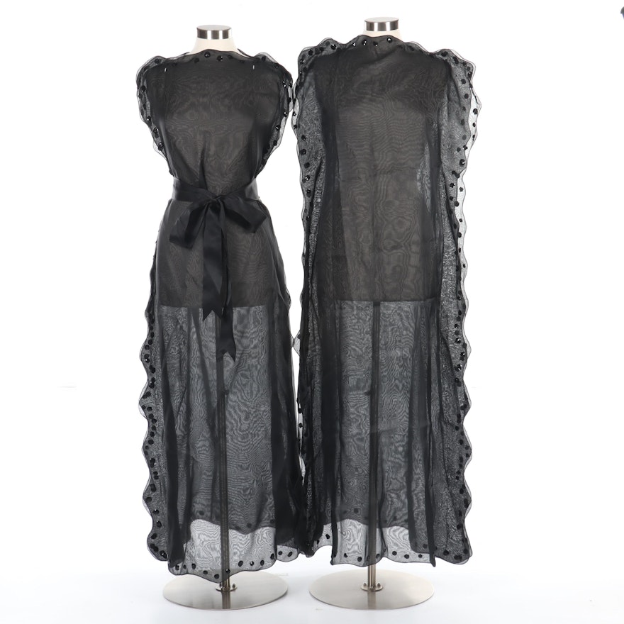 Courreges Paris Black Sequined Silk Blend Caftan Dresses with Tie Sash, Vintage