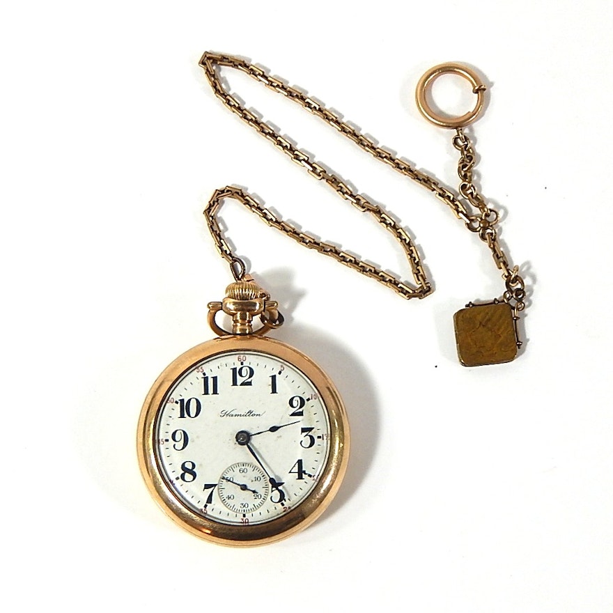 Gold-Tone c.1920s Hamilton Pocket Watch with Fob Chain with Locket