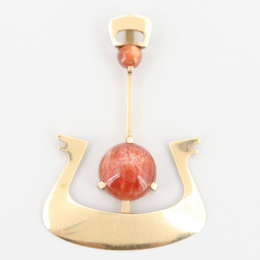 14K Yellow Gold and Sunstone Stylized Trireme Pendant