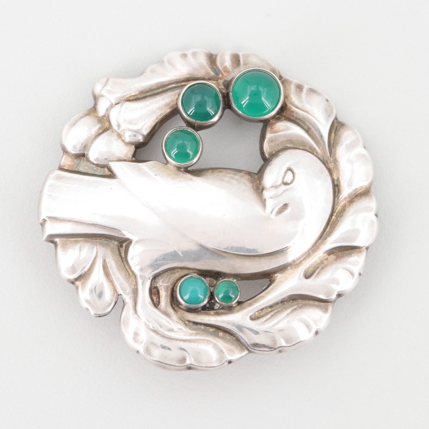 Georg Jensen Sterling Silver and Chrysoprase Dove Brooch Number 123