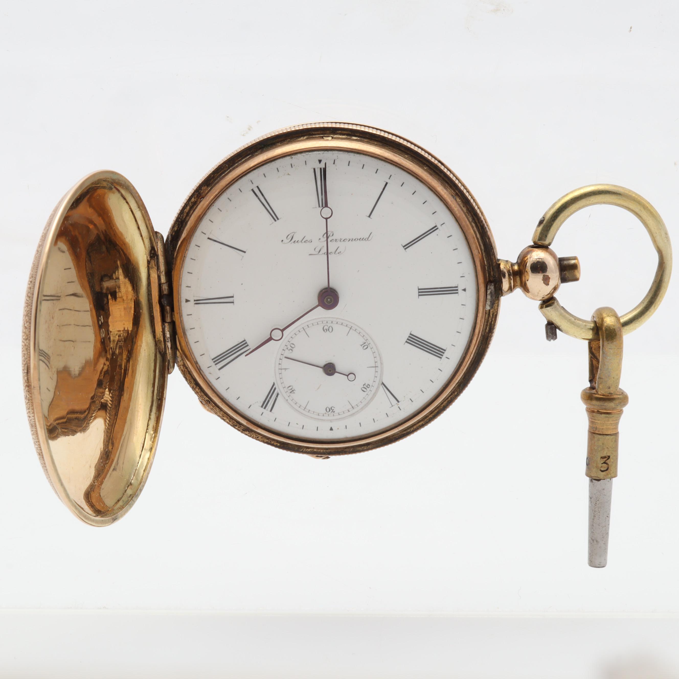 J. Perrenoud Locle 14K Yellow Gold Enamel 40MM Pocket Watch, Circa 1850