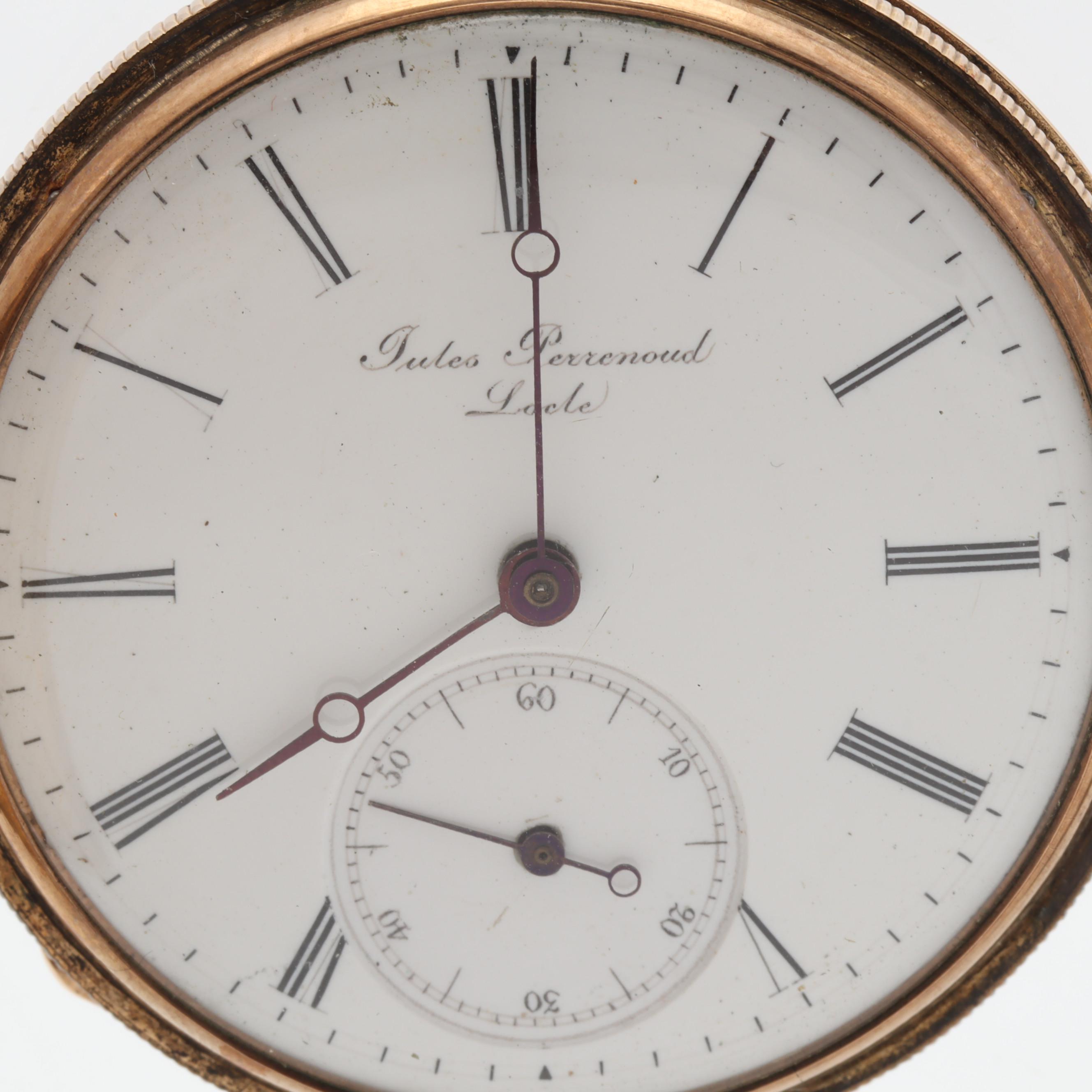 J. Perrenoud Locle 14K Yellow Gold Enamel 40MM Pocket Watch, Circa 1850