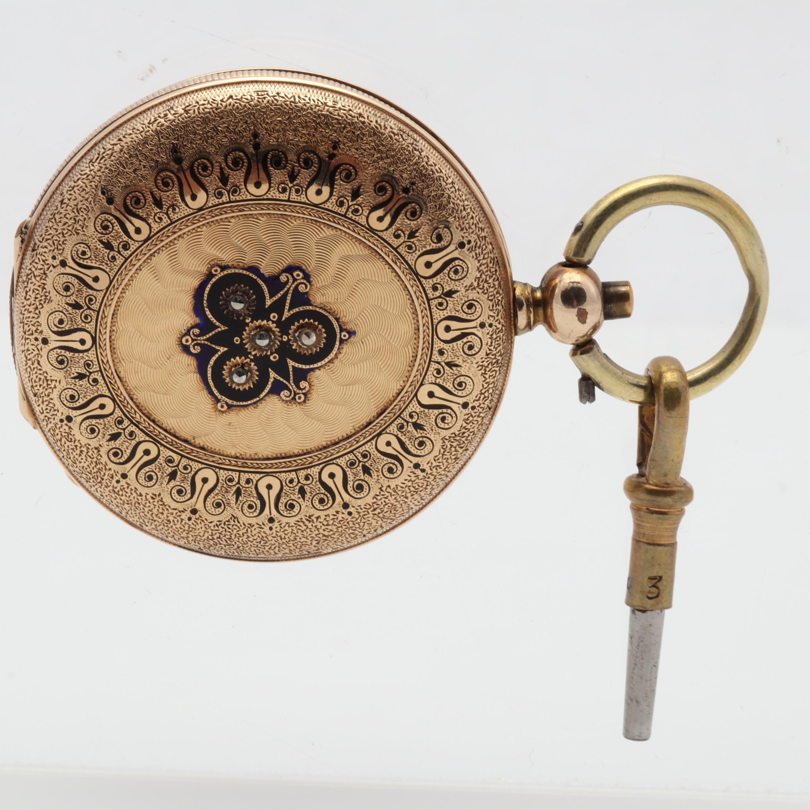 J. Perrenoud Locle 14K Yellow Gold Enamel 40MM Pocket Watch, Circa 1850