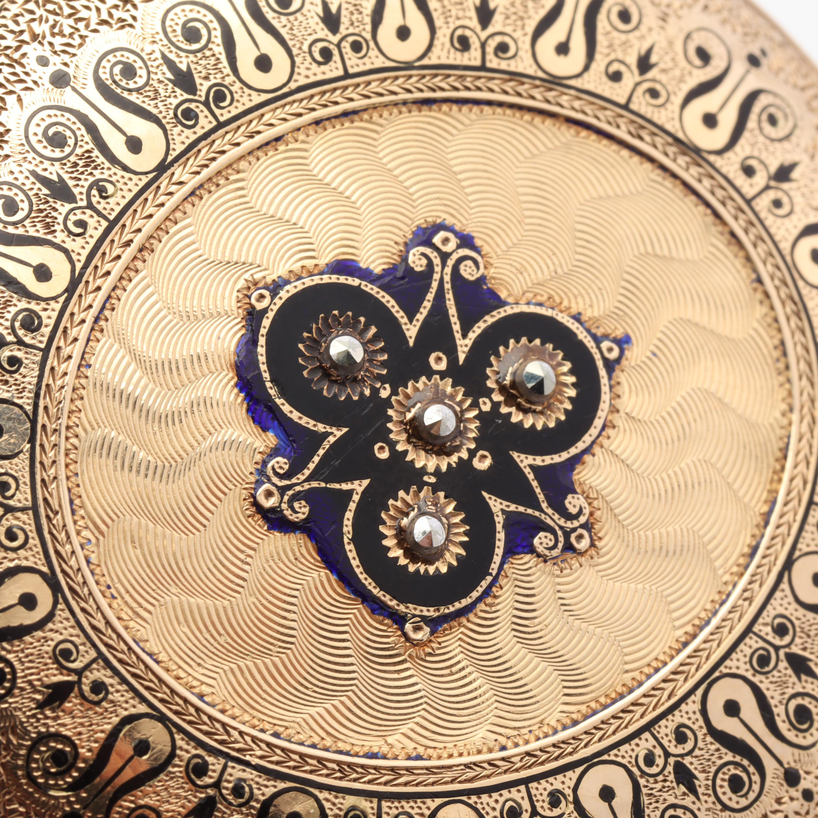 J. Perrenoud Locle 14K Yellow Gold Enamel 40MM Pocket Watch, Circa 1850