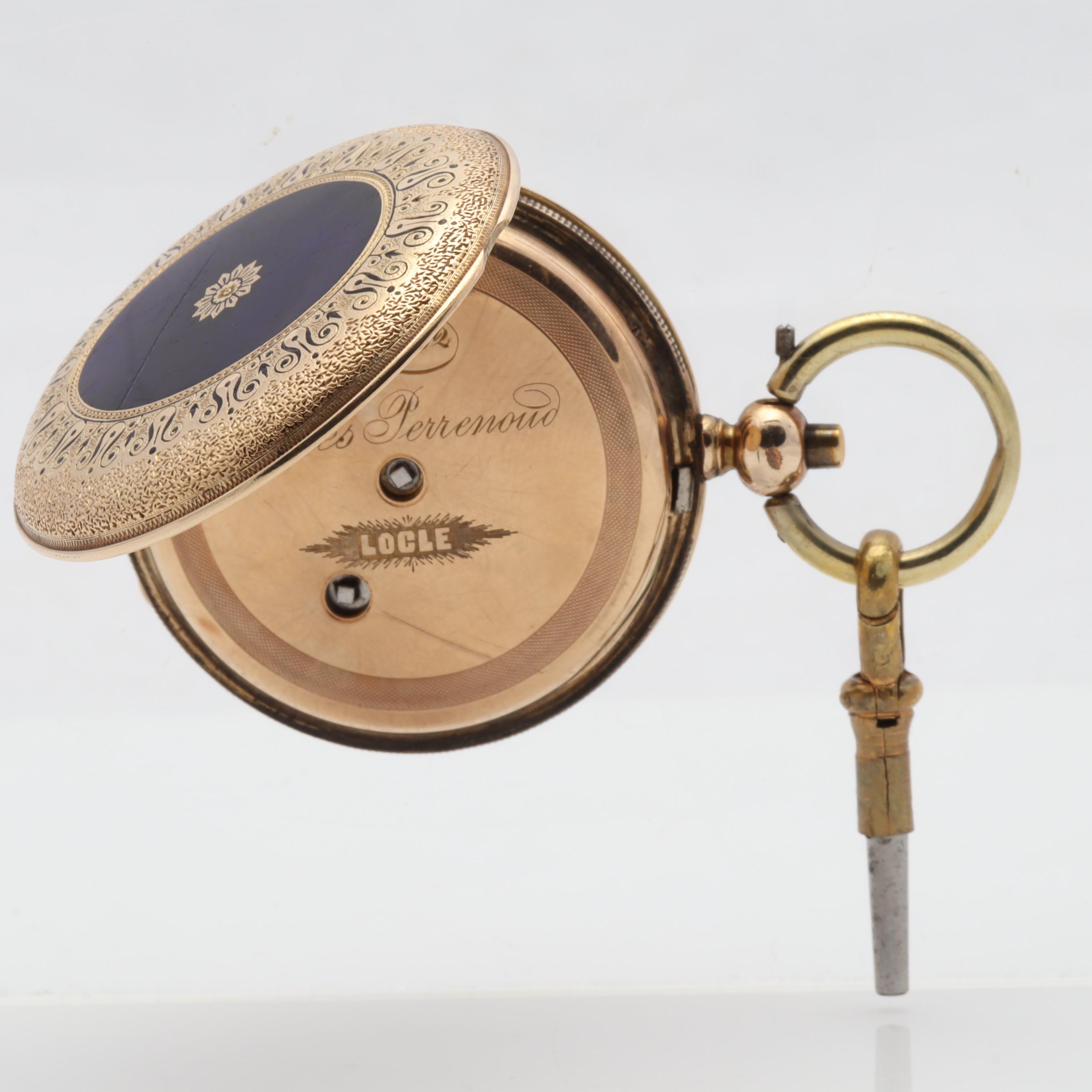 J. Perrenoud Locle 14K Yellow Gold Enamel 40MM Pocket Watch, Circa 1850