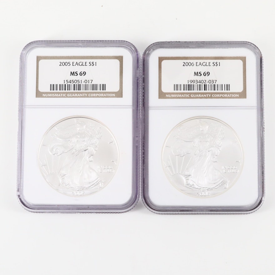Two NGC Graded MS69 American Silver Eagle $1 Coins