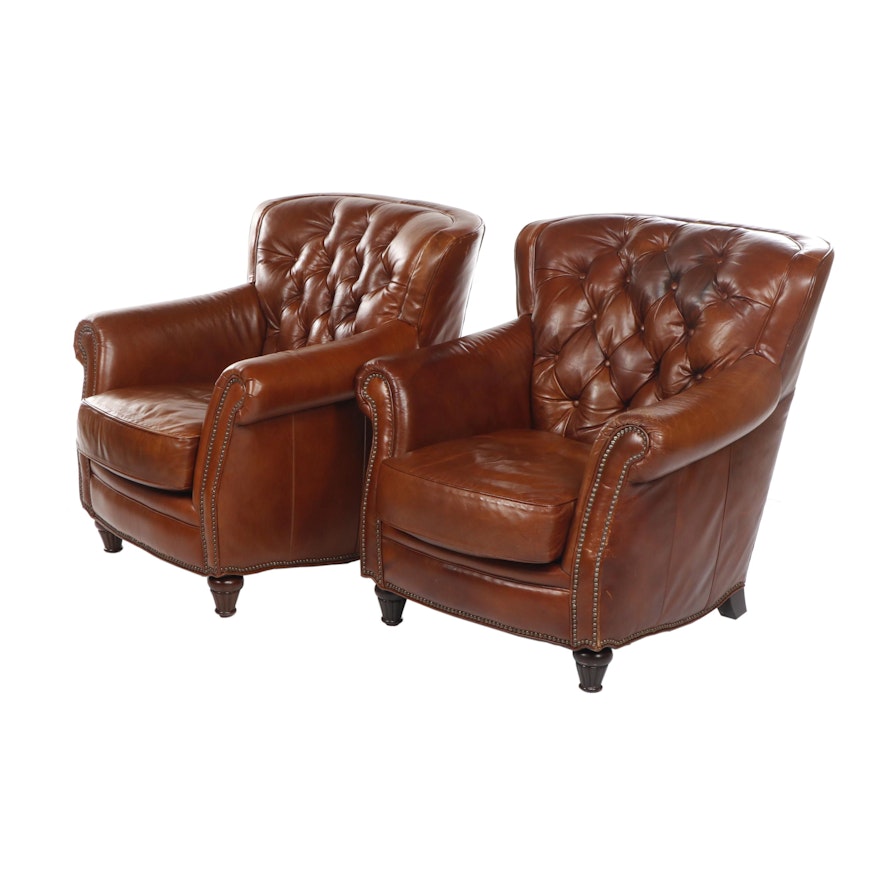 Walter E. Smithe "Connolly" Button Tufted Tan Leather Armchairs, Contemporary