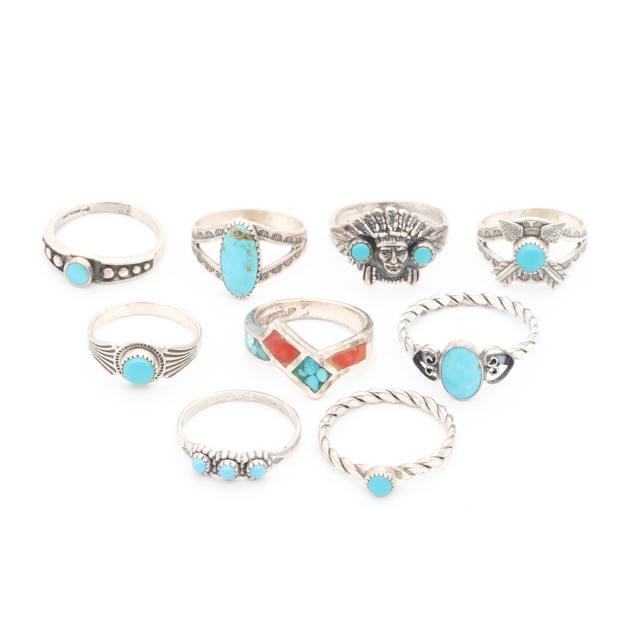 Southwestern Sterling Silver Turquoise, Chip Coral and Chip Turquoise Rings