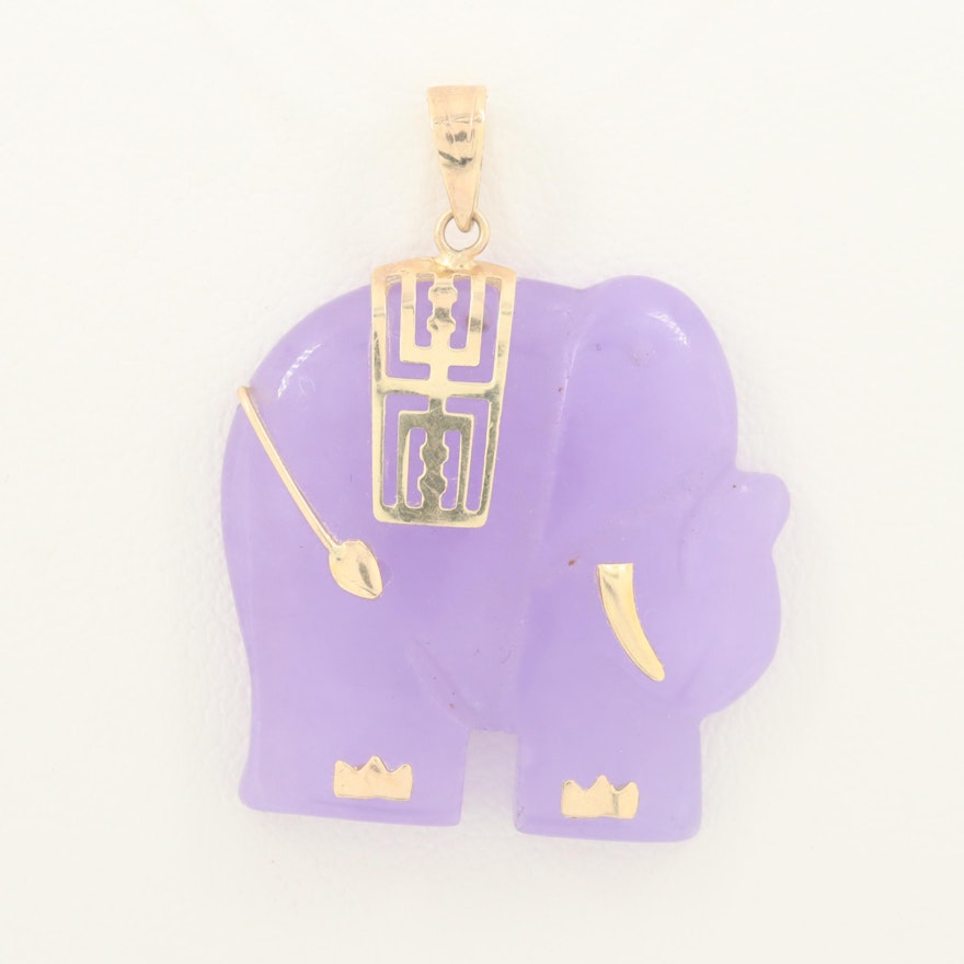 Chinese 14K Yellow Gold Jadeite Elephant Pendant