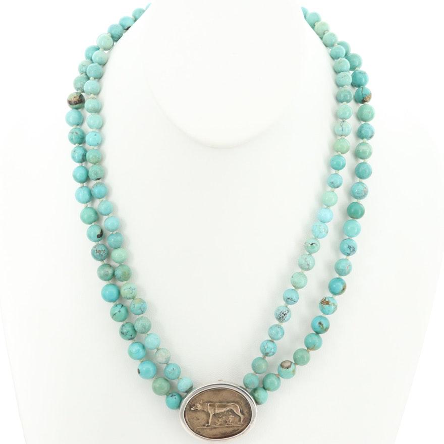 Capitoline Wolf Turquoise Double Strand Necklace with Sterling Silver Accents
