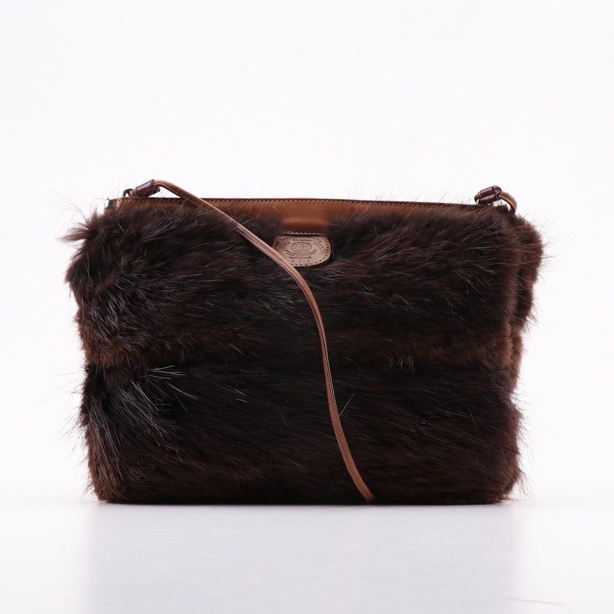 Ghurka Dyed Muskrat Fur and Leather Shoulder Bag, 1982 Vintage