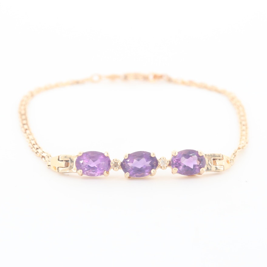 14K Yellow Gold Amethyst and Diamond Bracelet