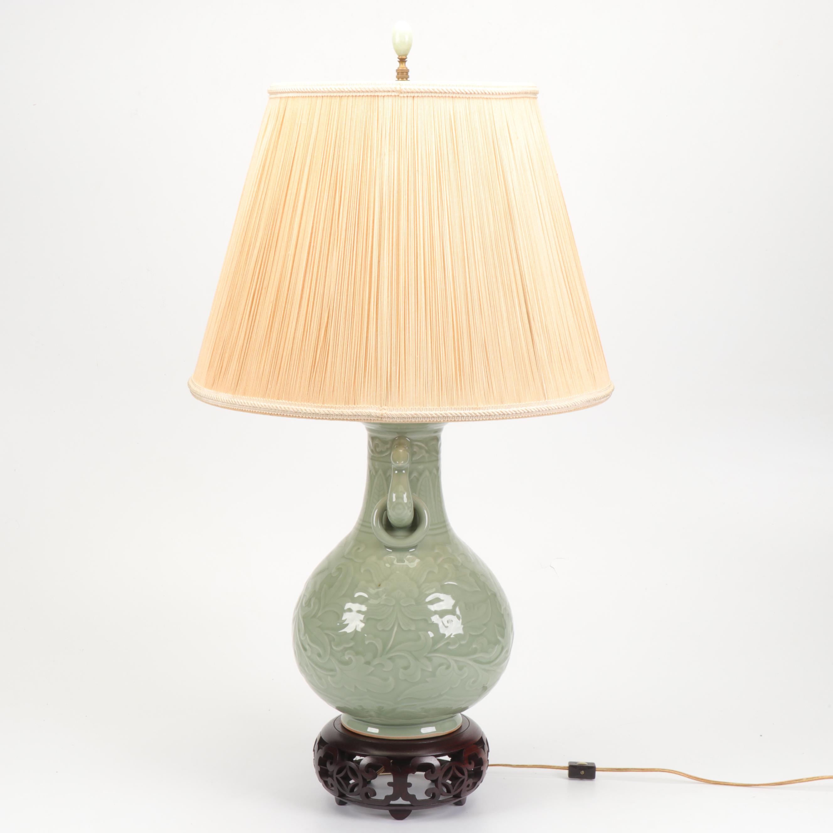 Chinese Celadon Glazed Ceramic Table Lamp with Floral Motif