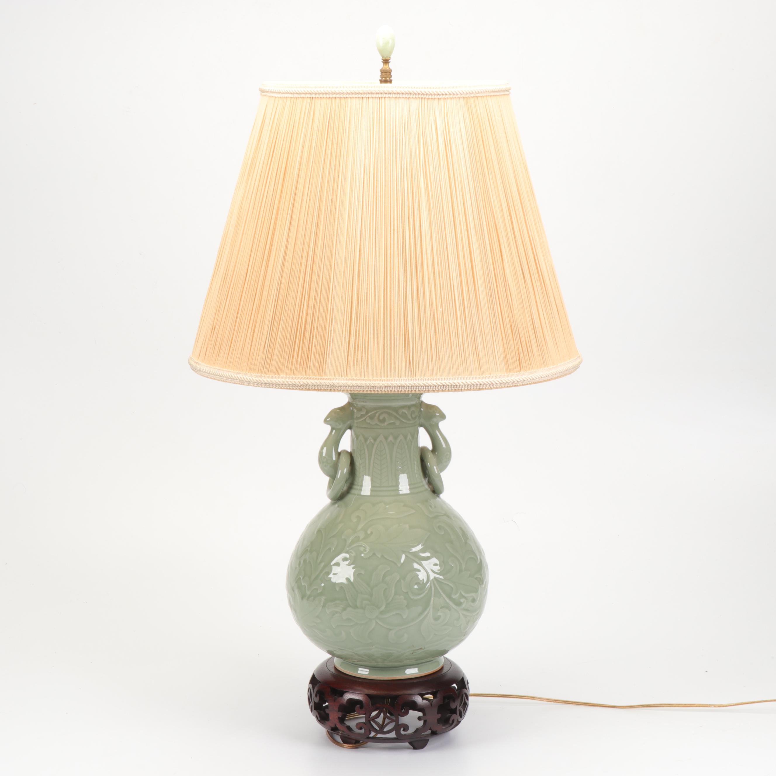Chinese Celadon Glazed Ceramic Table Lamp with Floral Motif