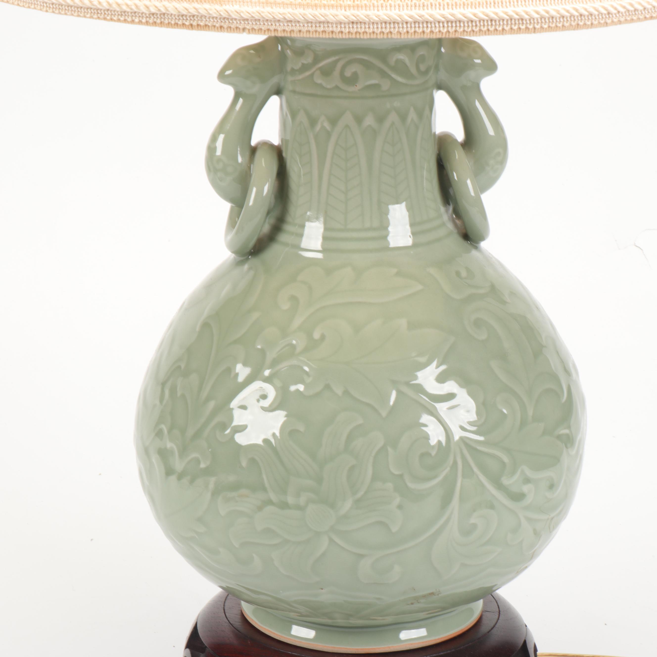 Chinese Celadon Glazed Ceramic Table Lamp with Floral Motif