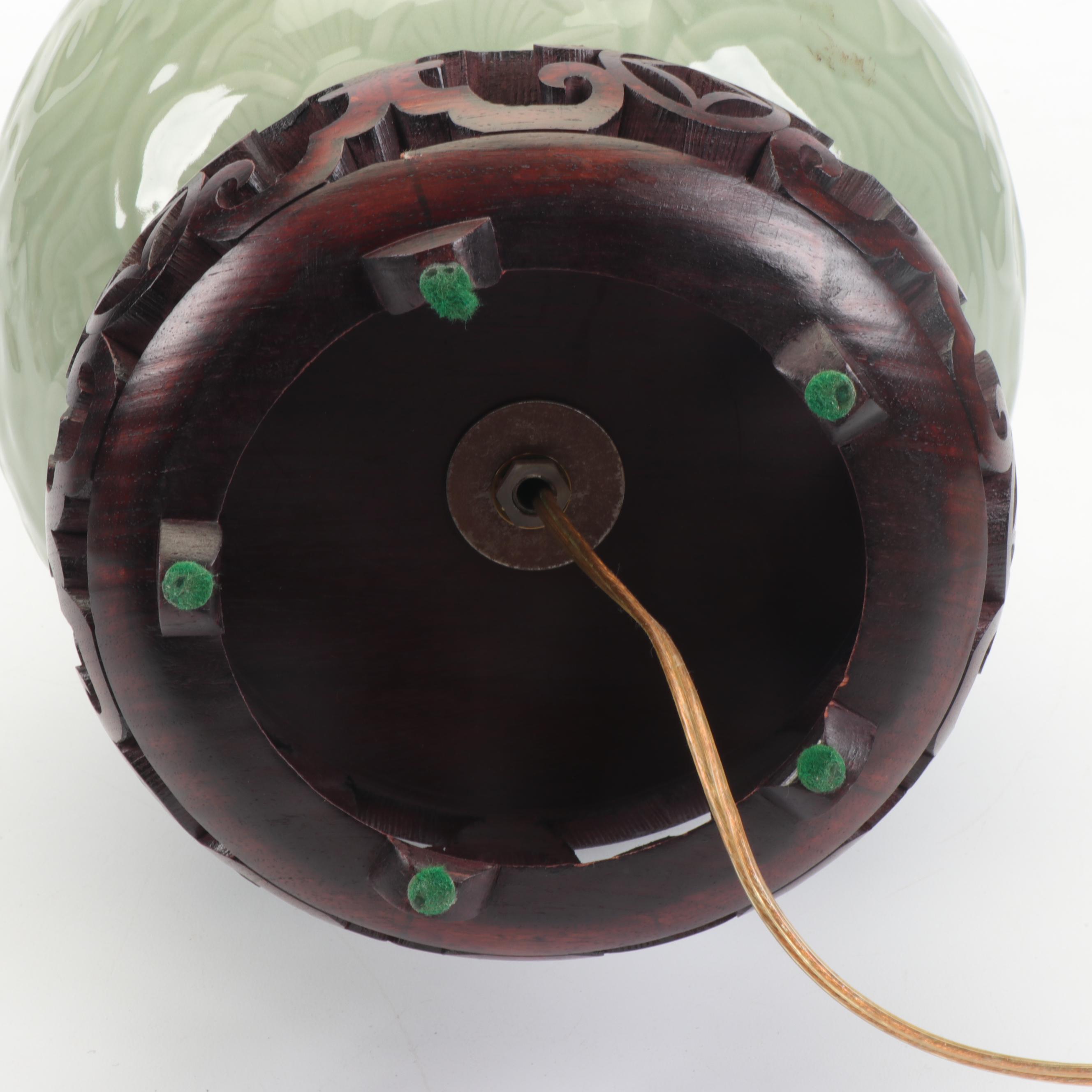 Chinese Celadon Glazed Ceramic Table Lamp with Floral Motif