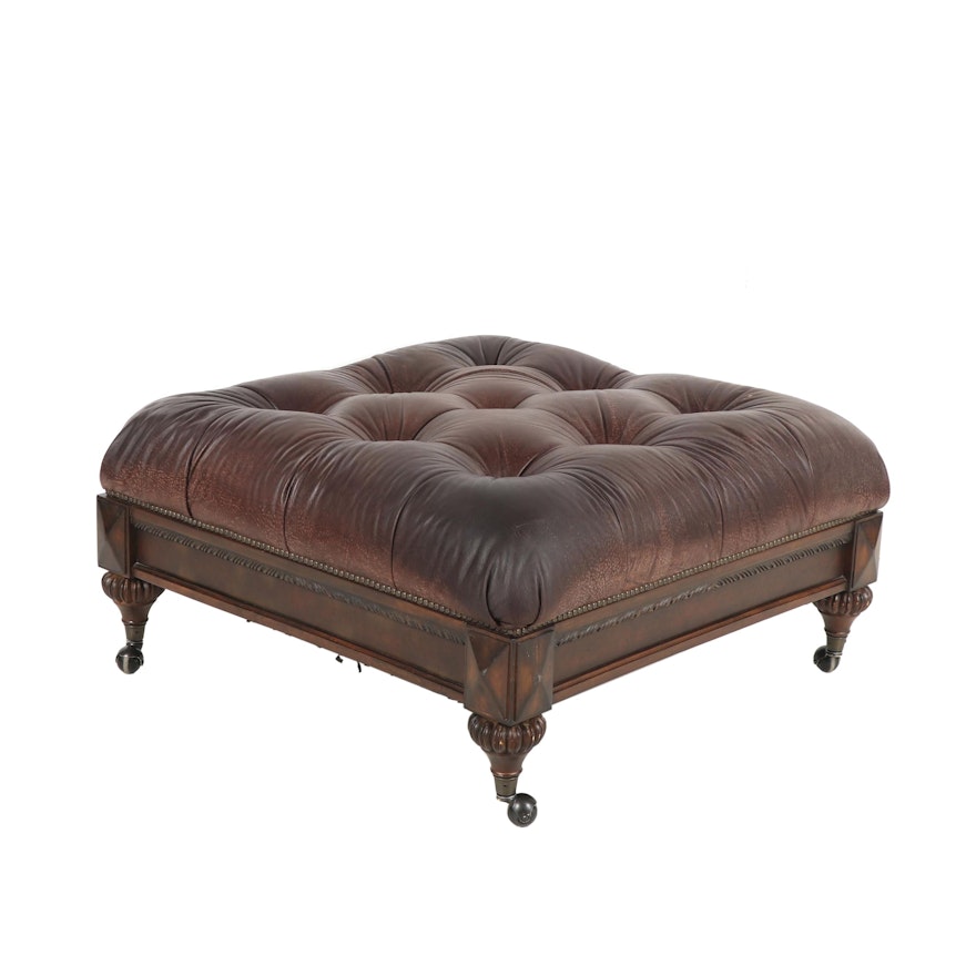 Contemporary Brown Leather Tufted Ottoman with Casters