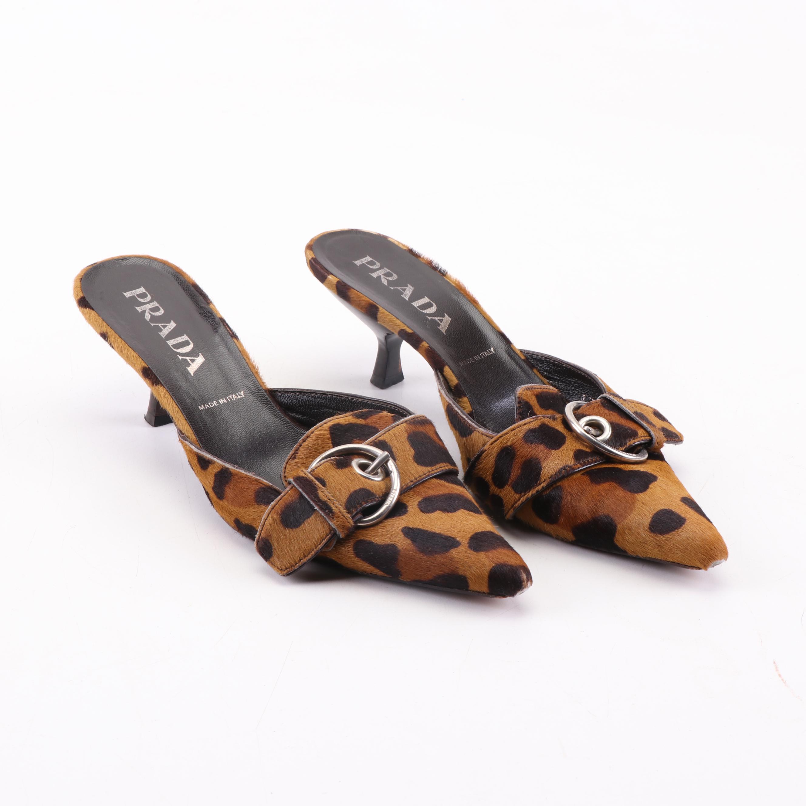 Prada Dyed Leopard-Print Calf Hair Mules with Buckle Strap