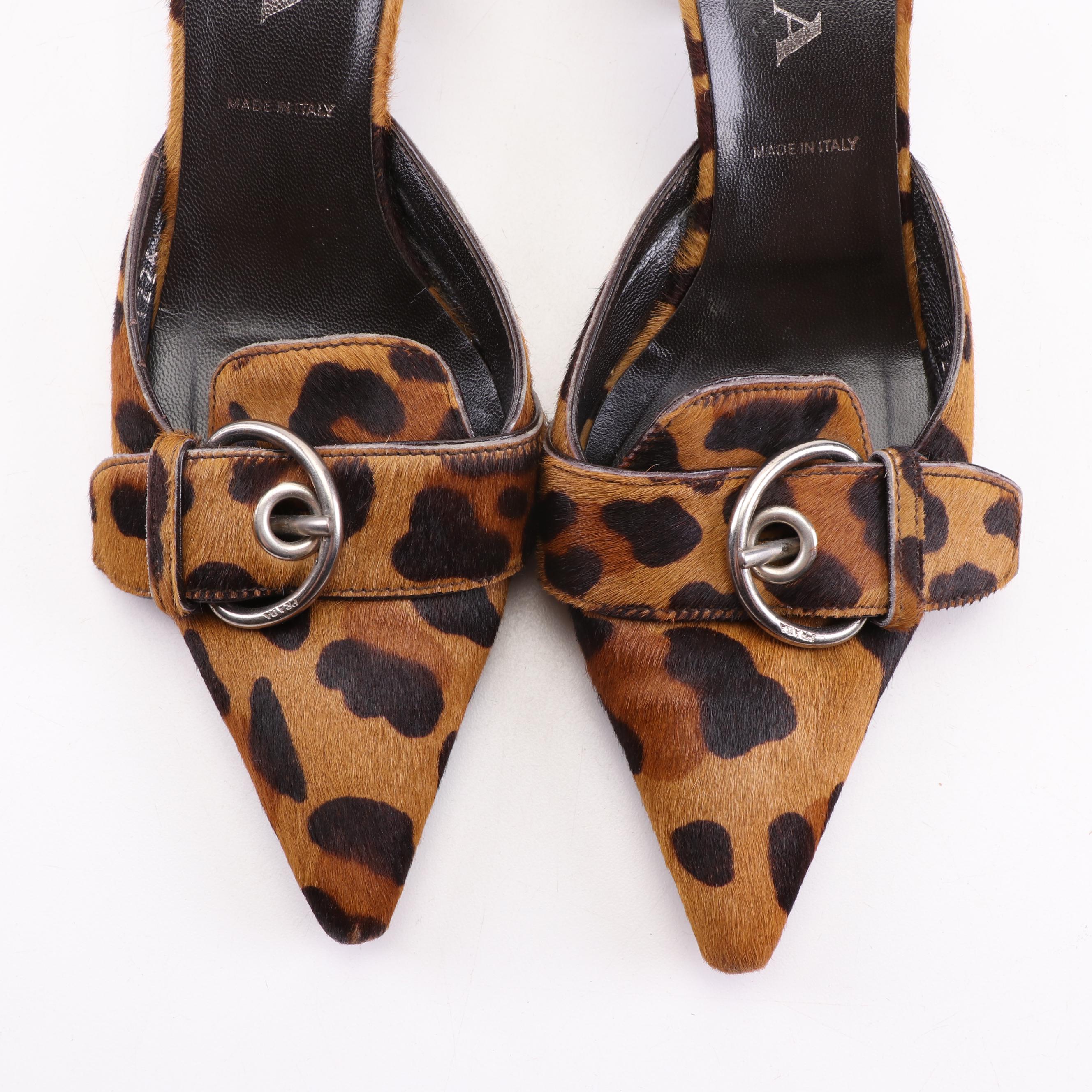 Prada Dyed Leopard-Print Calf Hair Mules with Buckle Strap