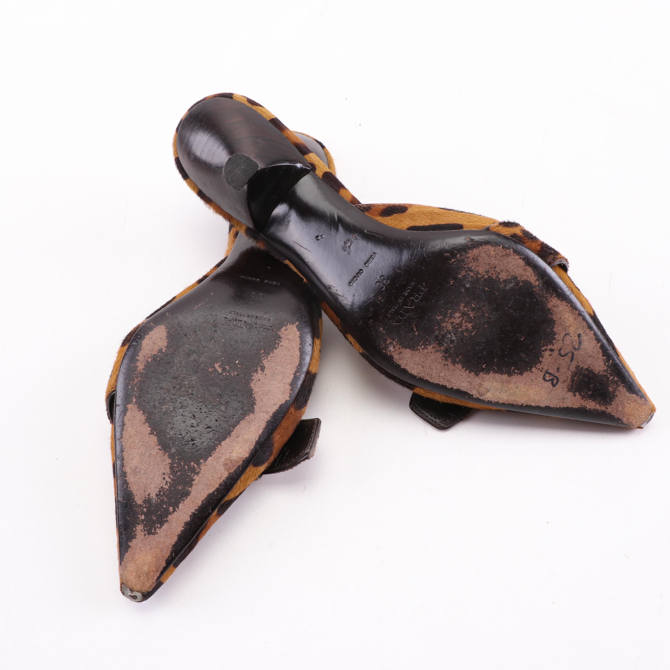 Prada Dyed Leopard-Print Calf Hair Mules with Buckle Strap