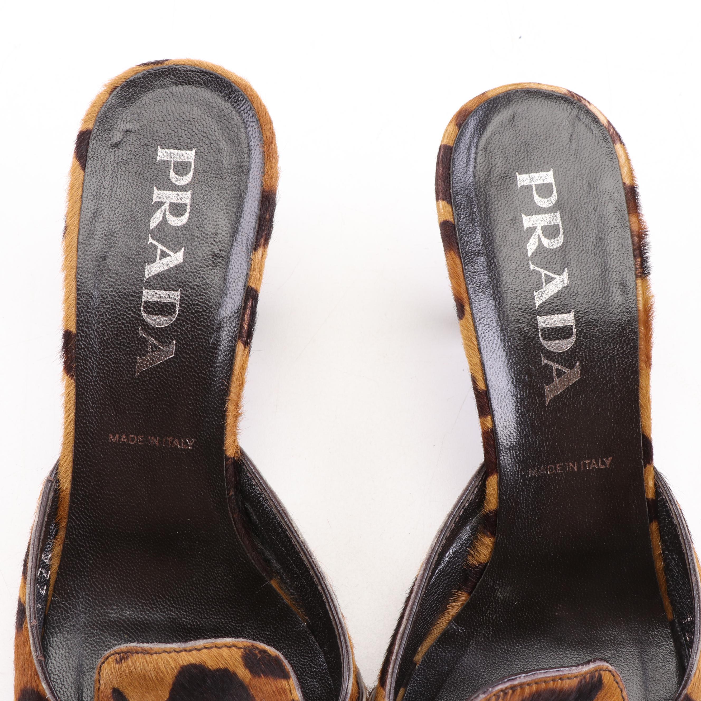 Prada Dyed Leopard-Print Calf Hair Mules with Buckle Strap