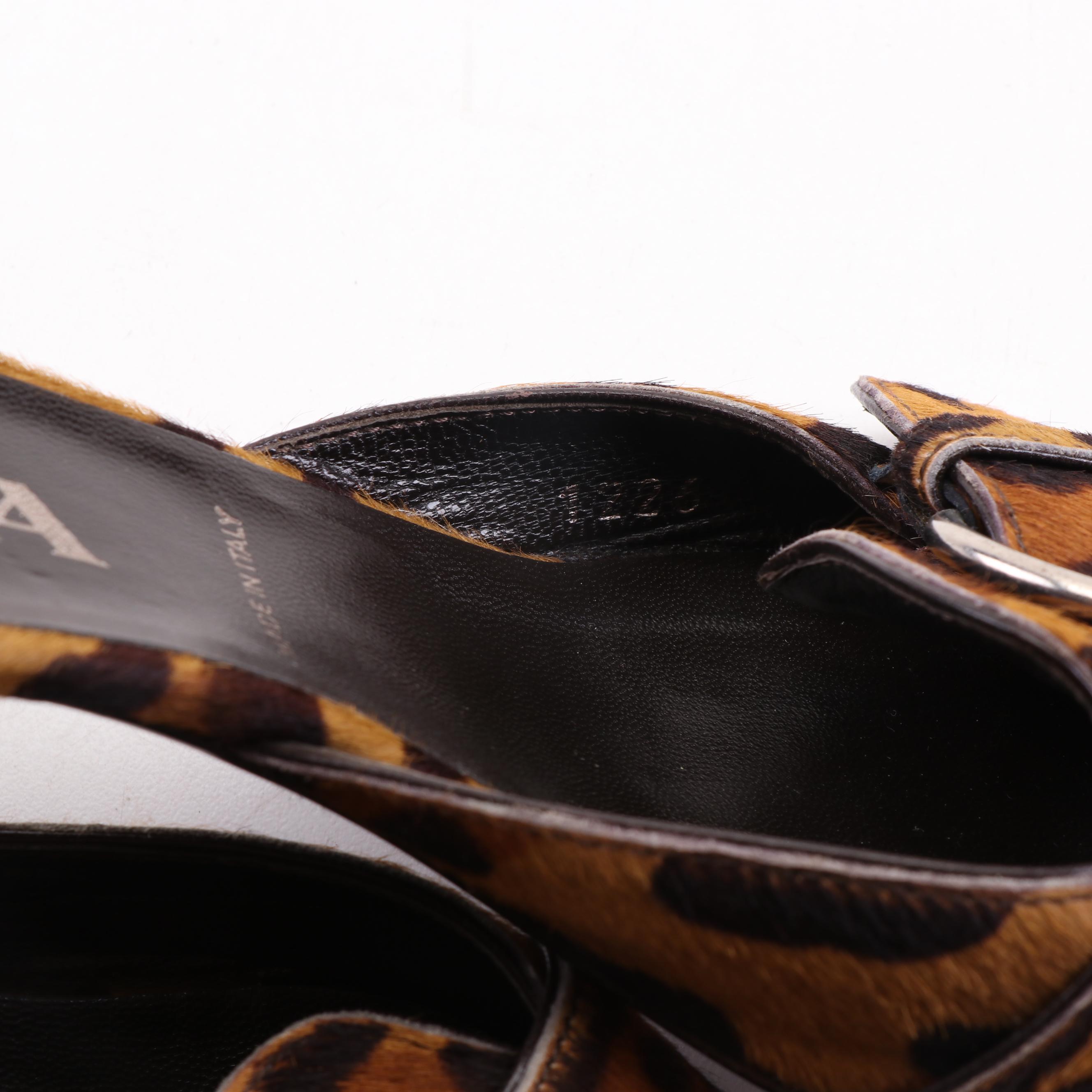 Prada Dyed Leopard-Print Calf Hair Mules with Buckle Strap
