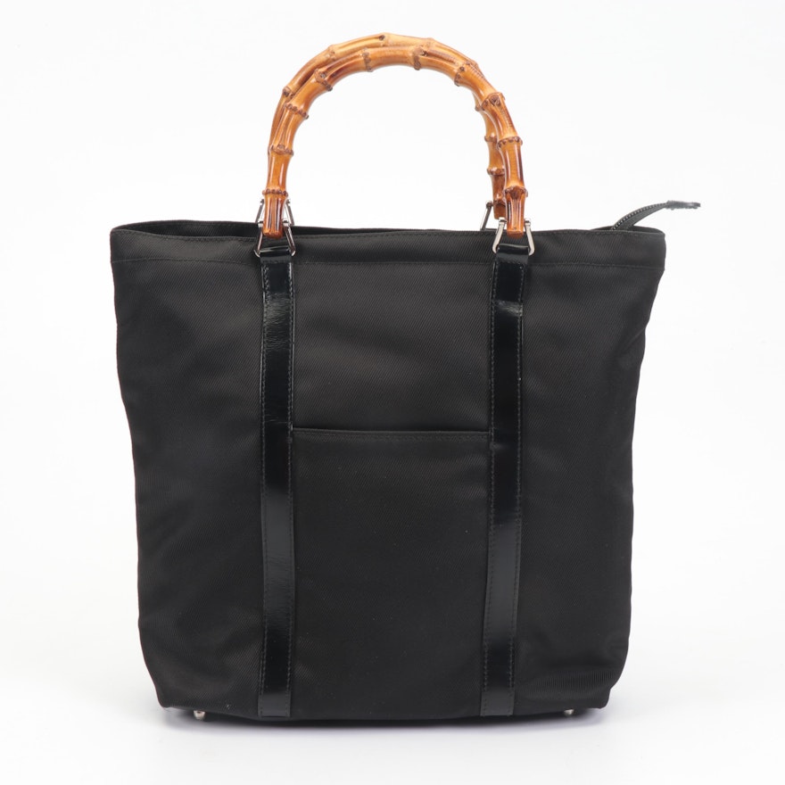 Gucci Black Nylon and Glazed Leather Tote Bag with Bamboo Handle