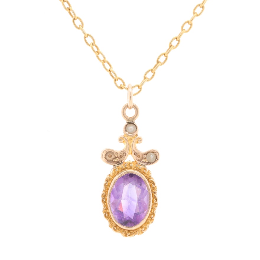 Vintage 10K Yellow Gold Amethyst and Seed Pearl Pendant Necklace
