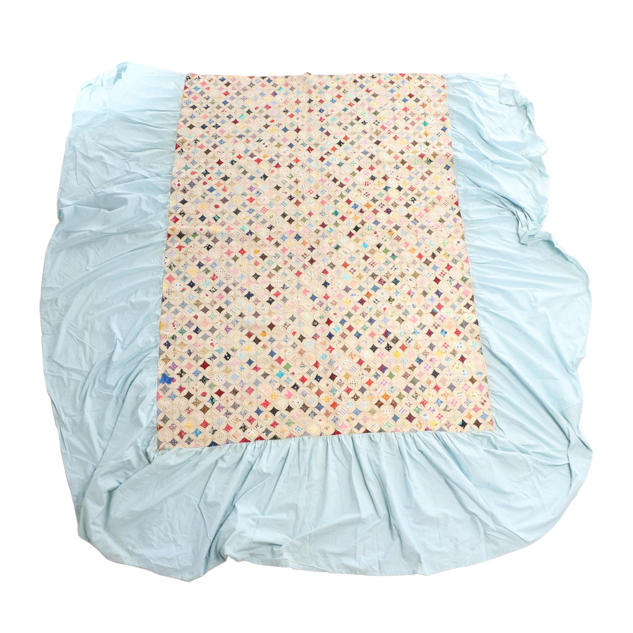 Handmade "Cathedral Windows" Full Sized Cotton Quilt with Ruffled Edge