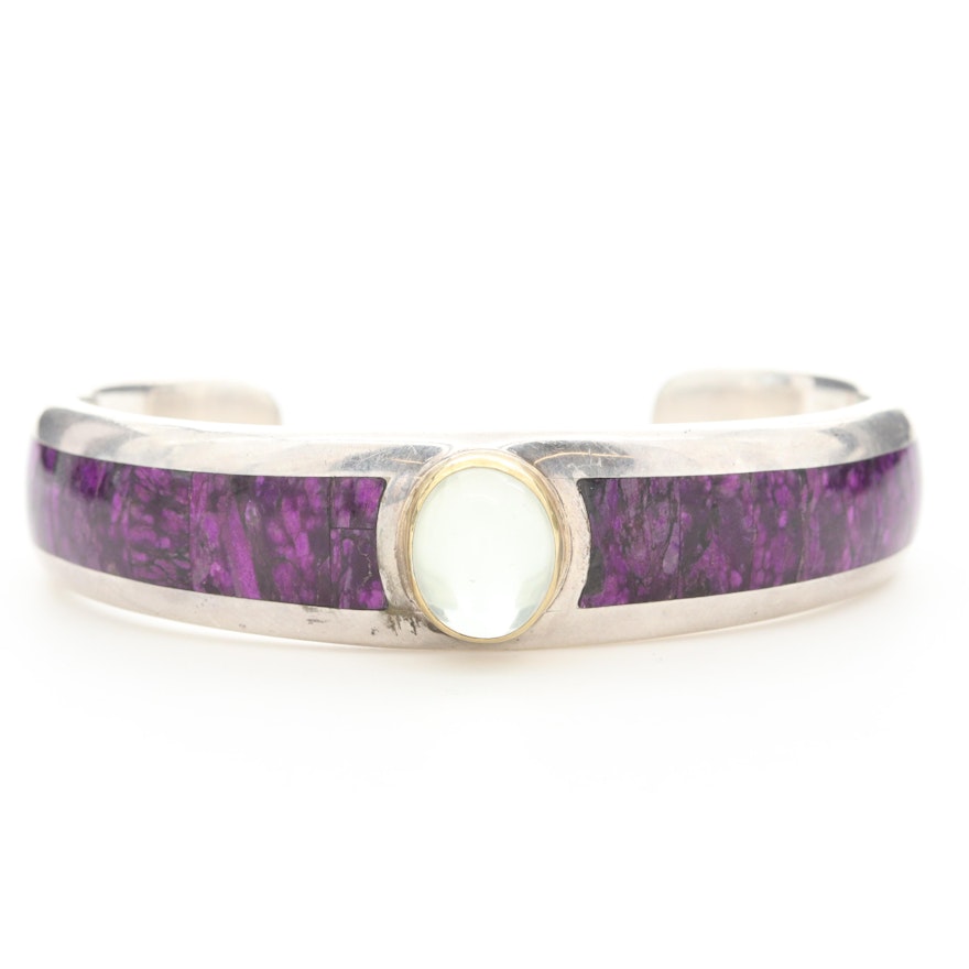 Sterling Silver Prasiolite and Sugilite Cuff Bracelet