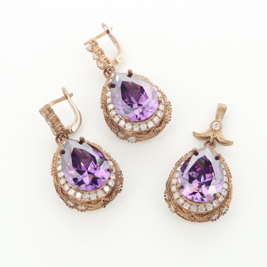 Gold Wash on Sterling Silver Cubic Zirconia Earrings and Pendant Set