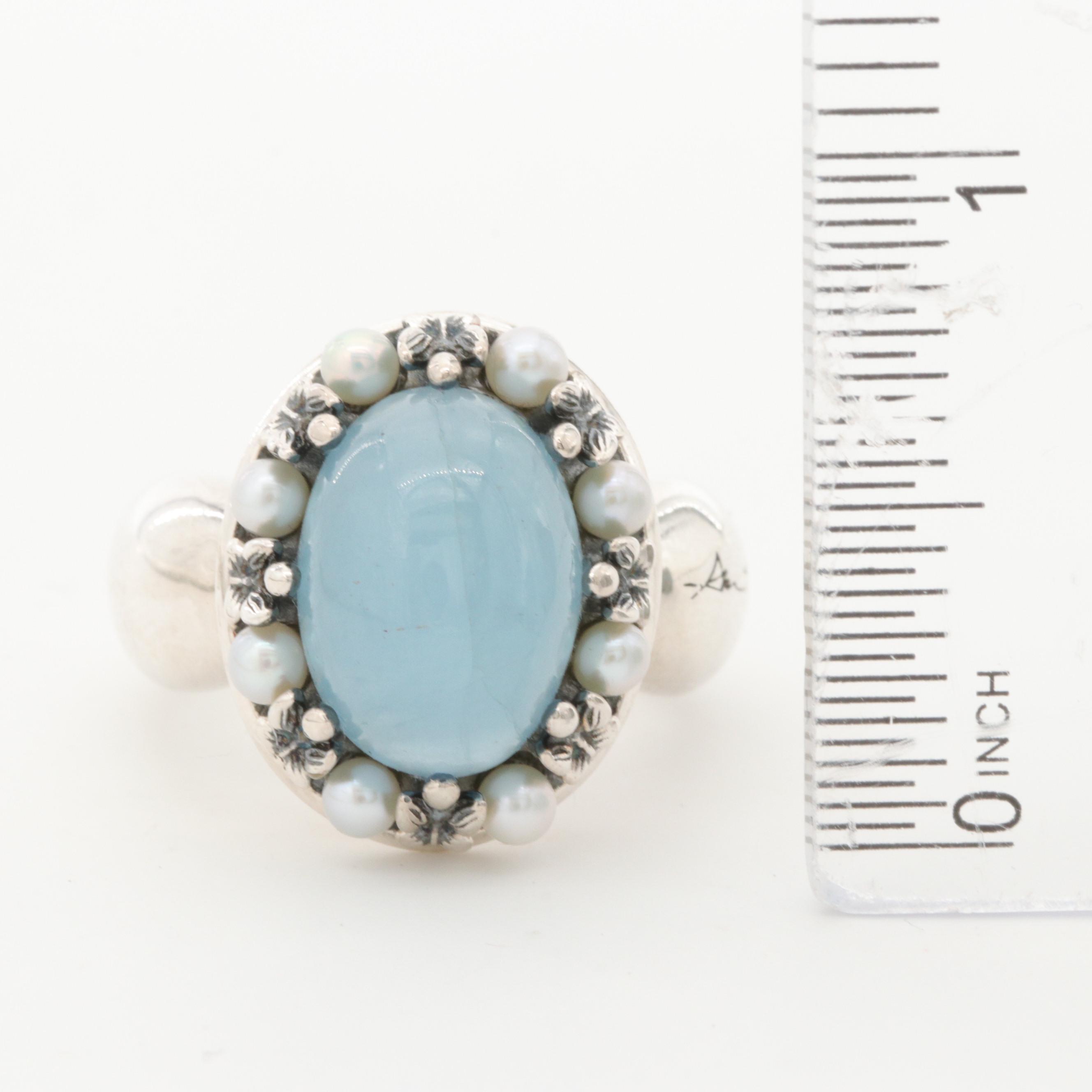 Ann King Sterling Silver Aquamarine and Cultured Pearl Ring