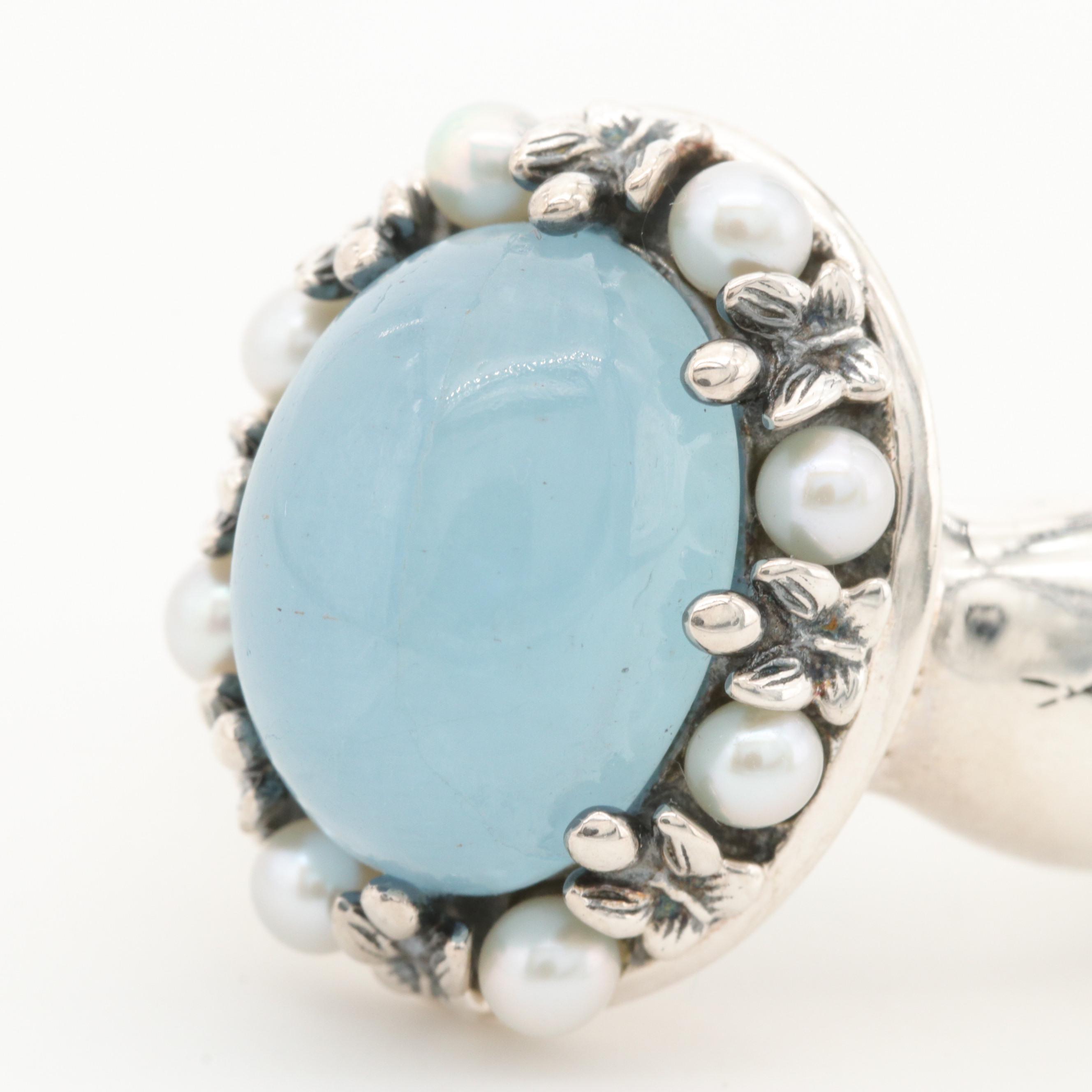 Ann King Sterling Silver Aquamarine and Cultured Pearl Ring